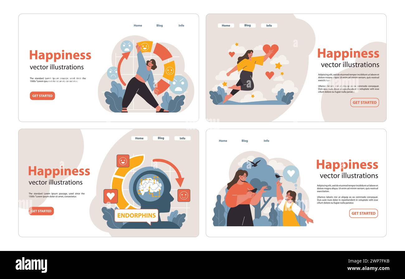 Happiness set. Joyful moments in daily life. Celebrating wins, releasing endorphins, bonding in nature. Experiencing love and positivity. Flat vector illustration Stock Vector