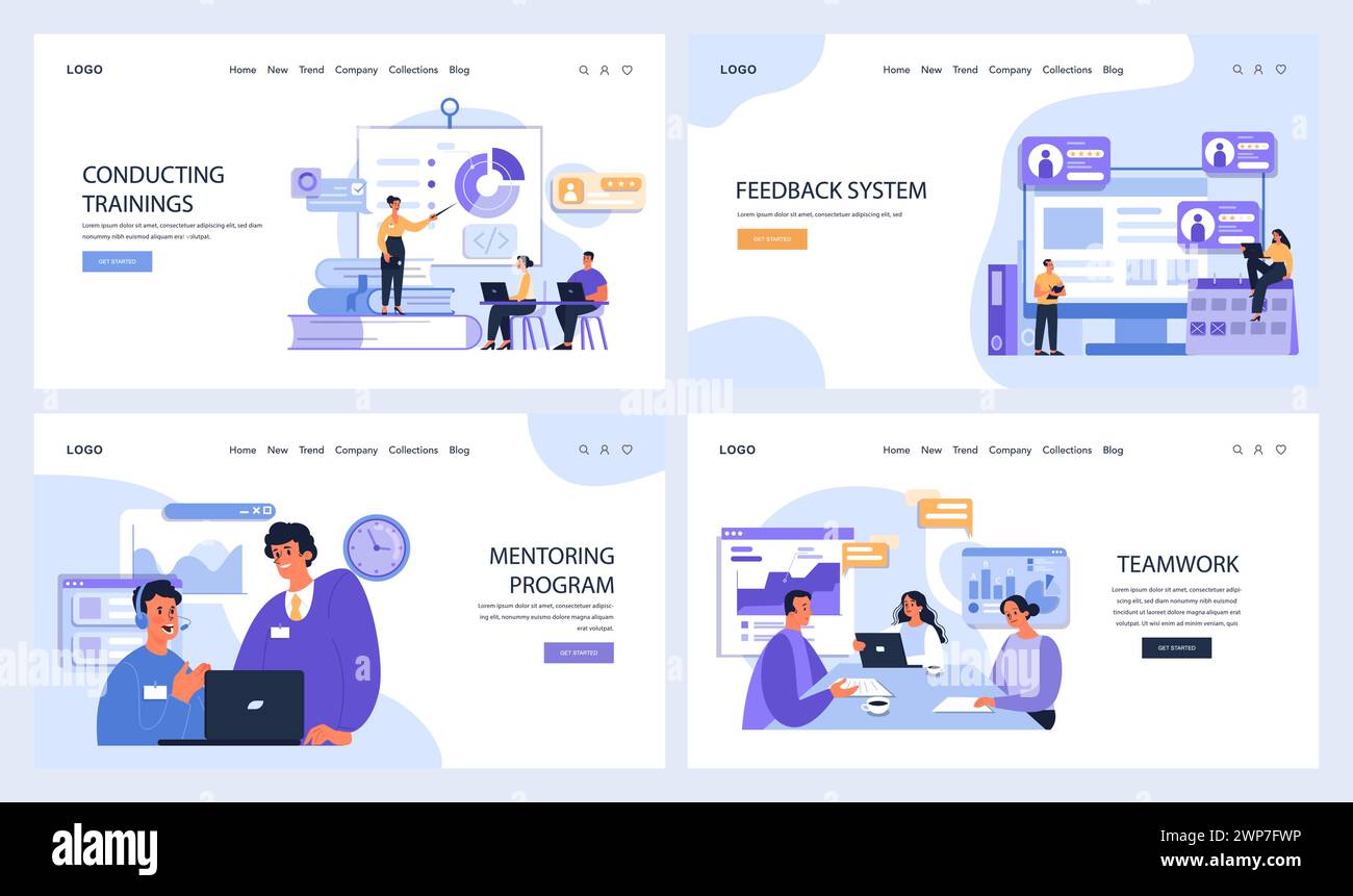 Professional Development Set. Professionals engage in skill enhancement. Conducting trainings, feedback systems, mentoring guidance, and collaborative teamwork. Flat vector illustration. Stock Vector
