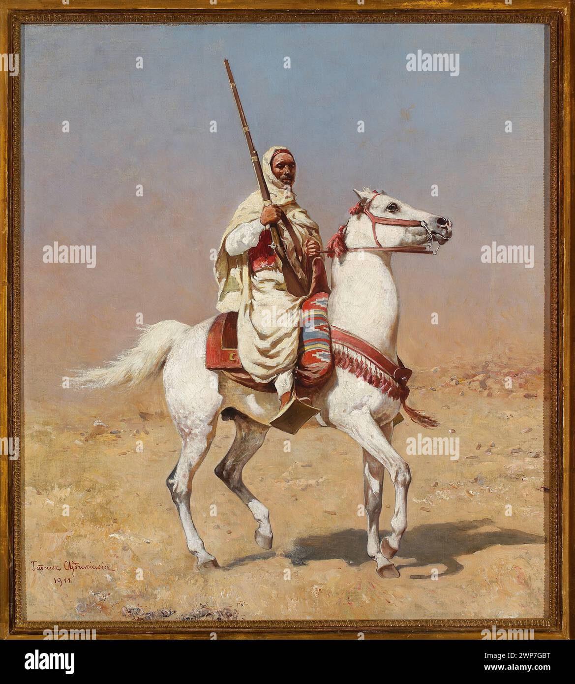 Arab on a gray horse; Ajdukiewicz, Tadeusz (1851-1916); 1911 (1911-00-00-1911-00-00);Arabs, Young Poland (Styl), Orient, Partage Plus, Society for the Encouragement of Fine Arts (Warsaw - 1860-1940), Society for the Encouragement of Fine Arts (Warsaw - 1860-1940) - collection, riders, horses, deserts, Arabian costumes, shotguns, harness Stock Photo