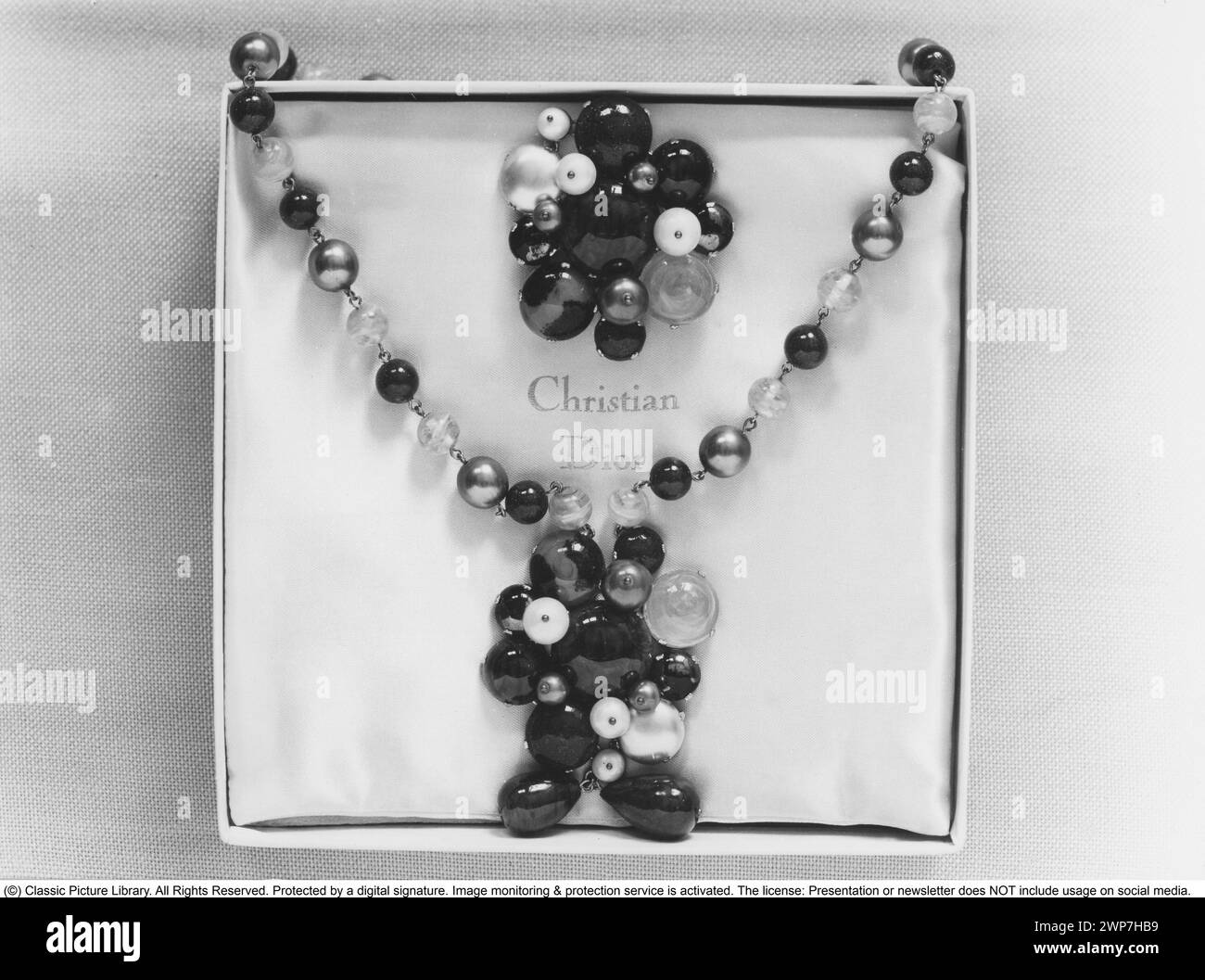 Christian Dior 1961. A necklace is in it's original box with the name Christian Dior printed on it. Stock Photo