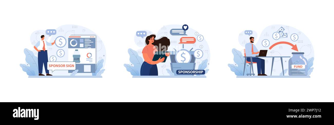 Sponsorship set. Professionals explore funding avenues. Man showcases online donations, woman navigates web sponsorships, and a man manages monetary contributions. Modern digital fundraising Stock Vector