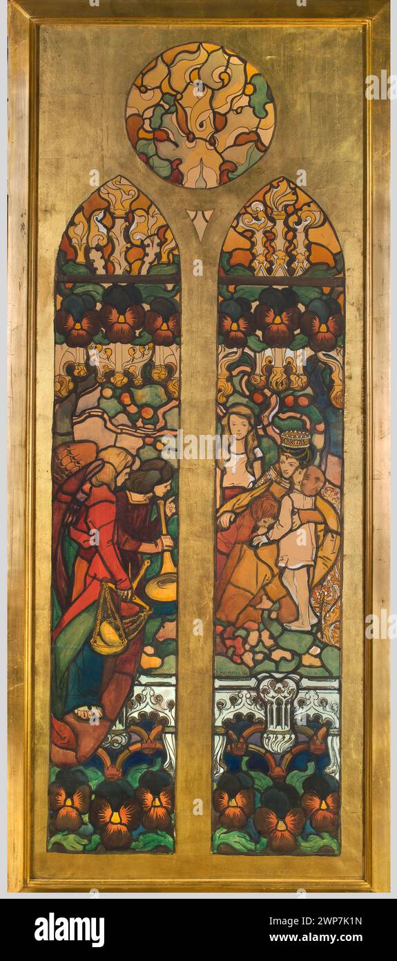 Caritas, a cardboard box for stained glass in the grave chapel of the Grauer family in Opawa; Mehoffer, Józef (1869-1946); 1901 (1901-00-00-1901-00-00);Caritas (allegory), Caritas (personification), human soul (personification), Grauer, Ignaz (? -1915), Grauer, Regina (1846-1898), Mehoffer, Józef (1869-1946)-collection, mercy (allegory), Mercy (personification), Opawa (Czech Republic), faithful memory (allegory), partage plus, modesty (Pudicitia - allegory), faith (fides - allegory), angels (iconogr.), Archangels (iconogr.), Pansies (bot.) , gift (provenance), children, cemetery chapels, grave Stock Photo