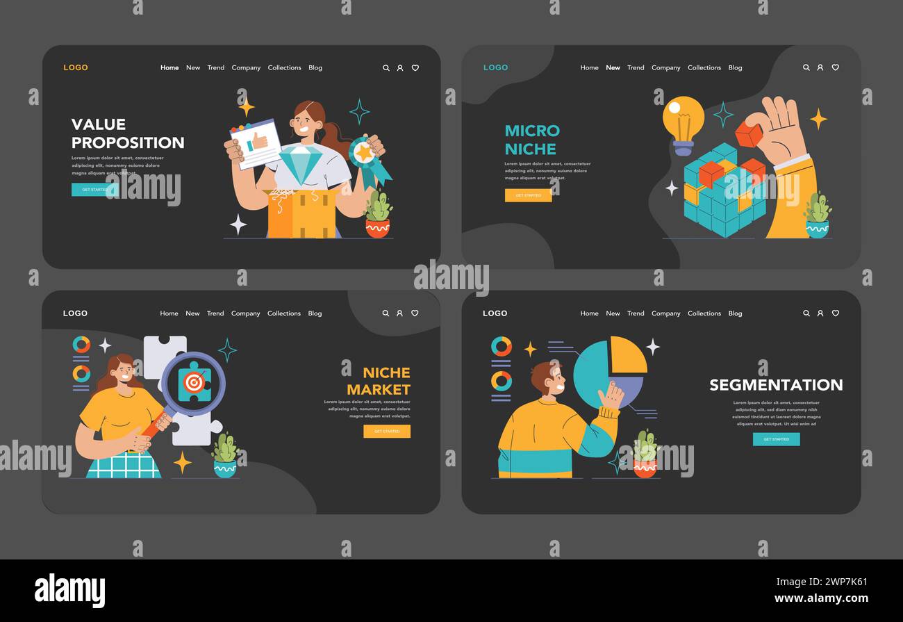 Niche market web or landing dark or night mode set. Exploring target ...