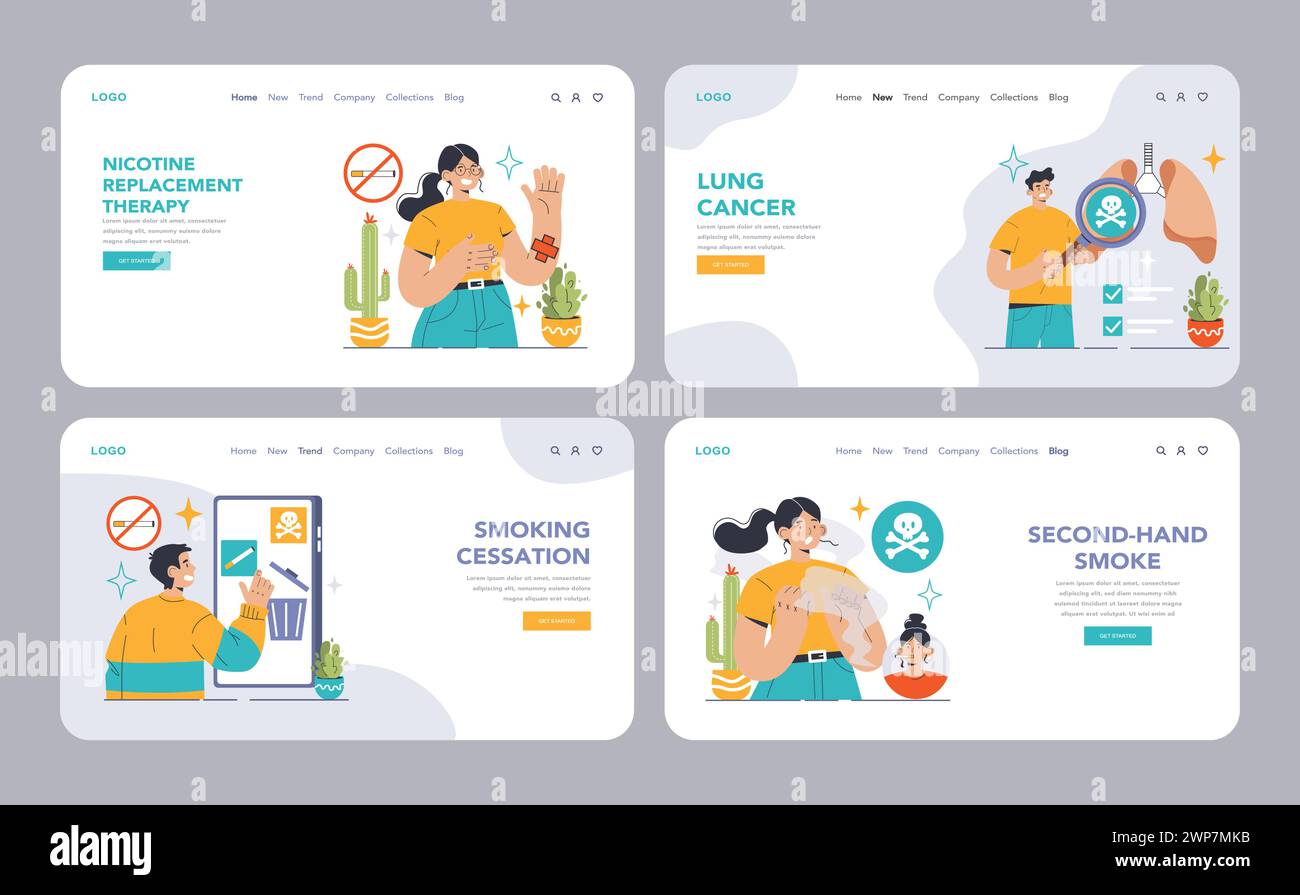 Smoking cessation web or landing set. Man quits smoking, facing ...
