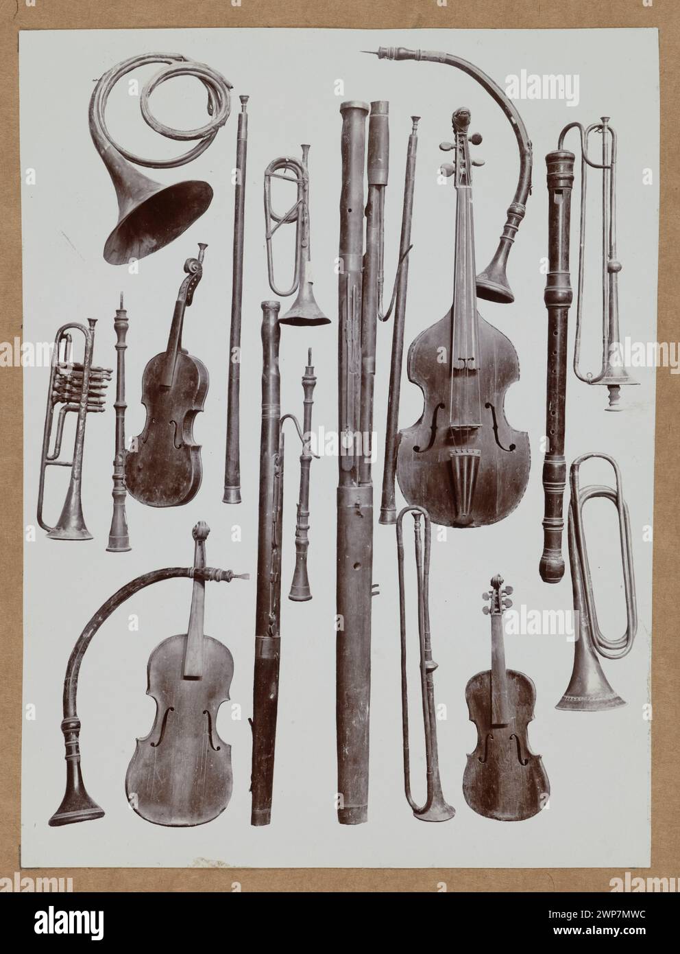 Photograph showing old musical instruments preserved in the treasury of the Jasna Góra monastery, Częstochowa, captured around 1896 by Stanisław Trzciński. Stock Photo