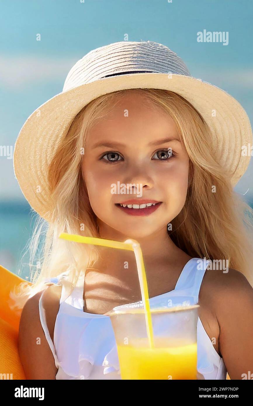 KI generiert, Kleines Mädchen mit Strohhut am Strand, 8 Jahre, Strohut ...