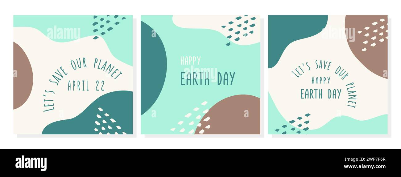 Posters celebrating Earth Day with inspiring texts, Lets Save Our Planet April 22, Happy Earth Day, and Lets Save Our Planet Happy Earth Day, displayed in an artistic layout featuring earthy and green color schemes with abstract decorative elements. Stock Vector