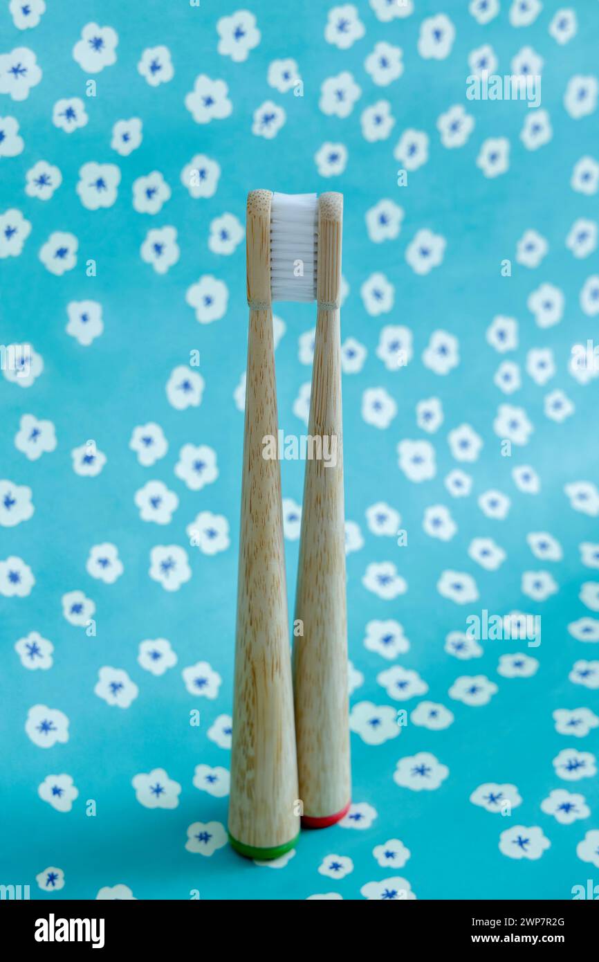 Two intertwined toothbrushes Stock Photo