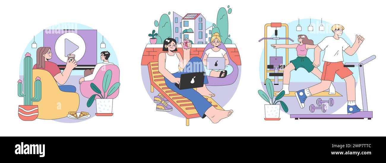 Leisure in Workspaces set. Colleagues relax watching videos, balcony breaks, work from home comfort, fitness during lunch. Recharge, fresh air, exercise, casual attire. Flat vector illustration Stock Vector
