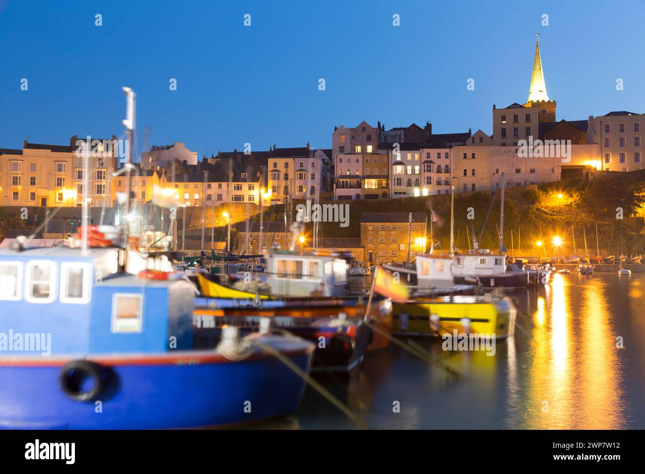 UK, Tenby, the harbour on a moon lit night. Stock Photo