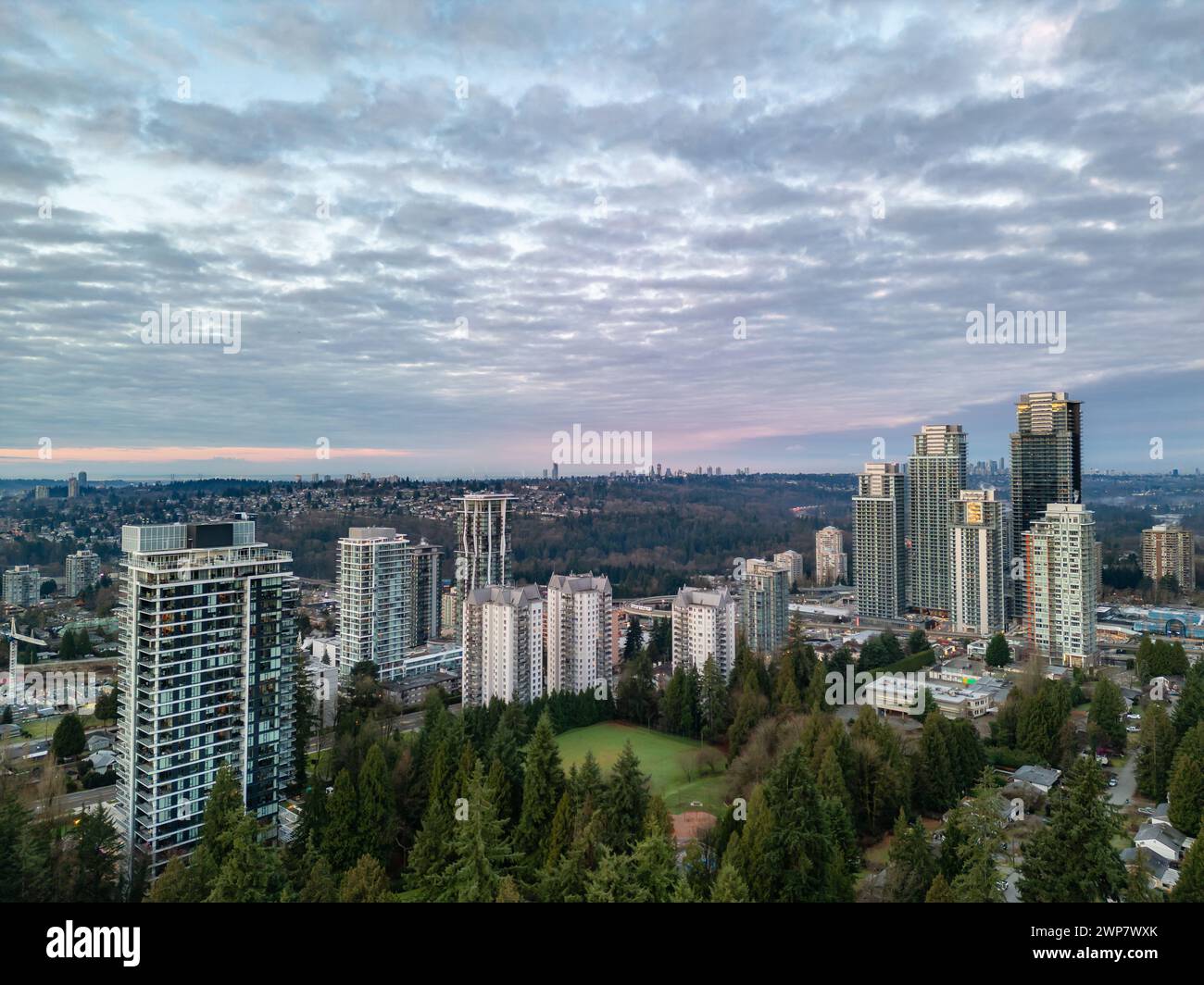 Highrise Buildings in Moder City. Coquitlam, Vancouver, BC, Canada. Cityscape Stock Photo