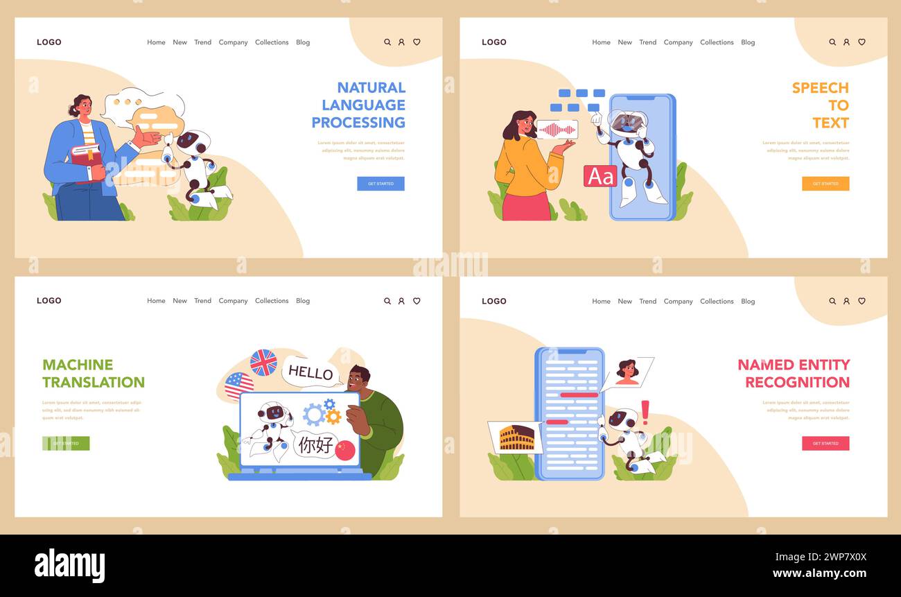 Natural language processing set. Speech-to-text technologies, machine ...