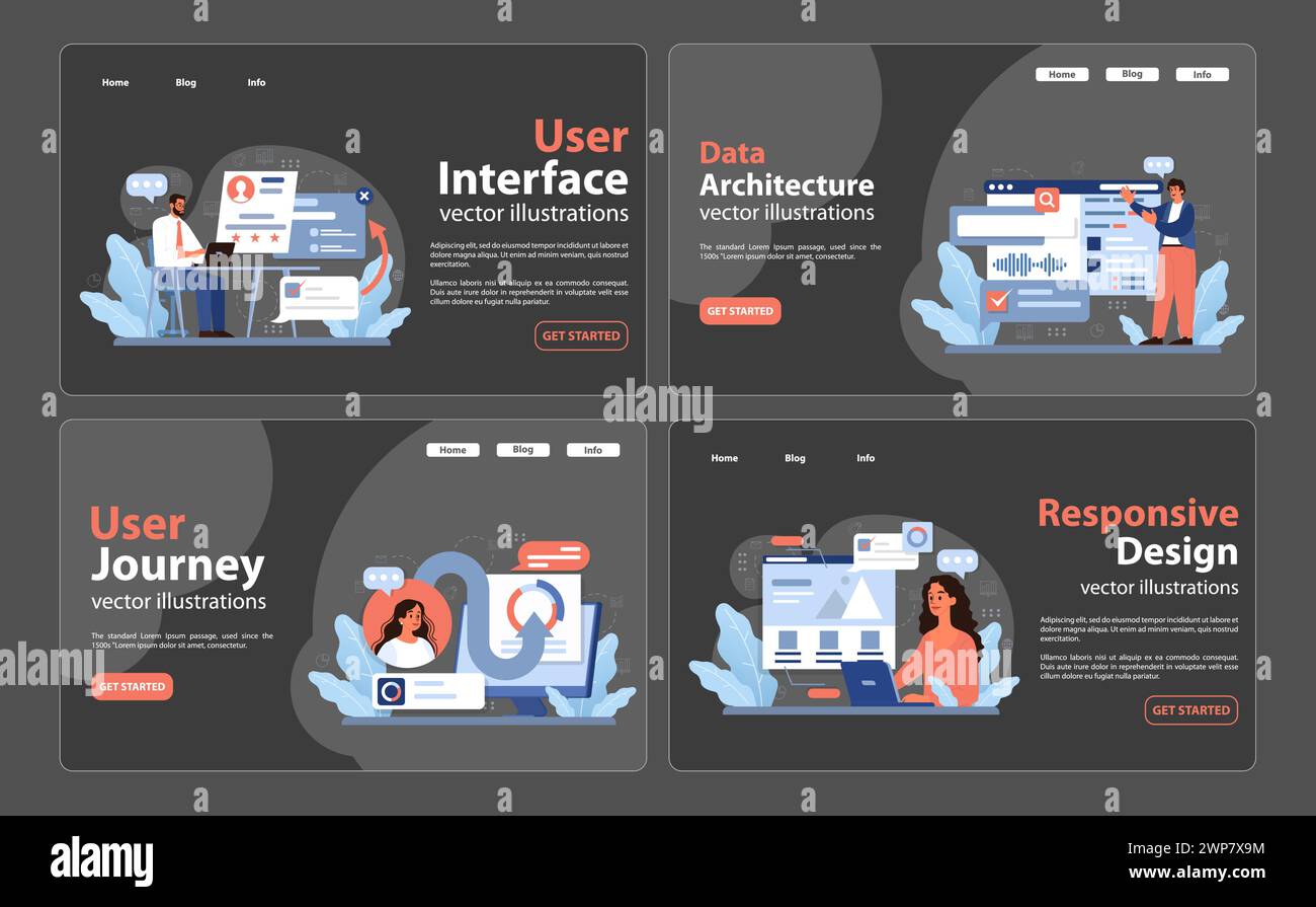 Web Development set. Modern user experiences. Professionals work on User Interface, Data Architecture, User Journey, and Responsive Design. Enhancing web navigation. Flat vector illustration Stock Vector