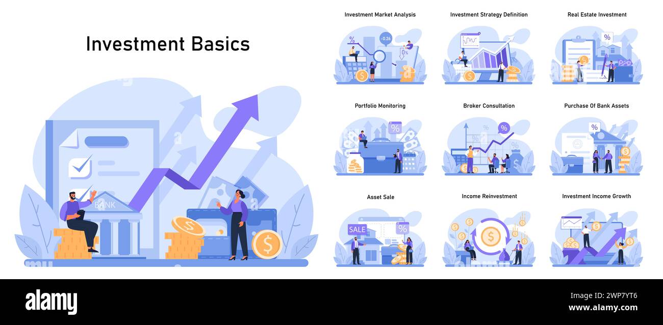 Investment basics set. Financial growth strategies, market analysis ...