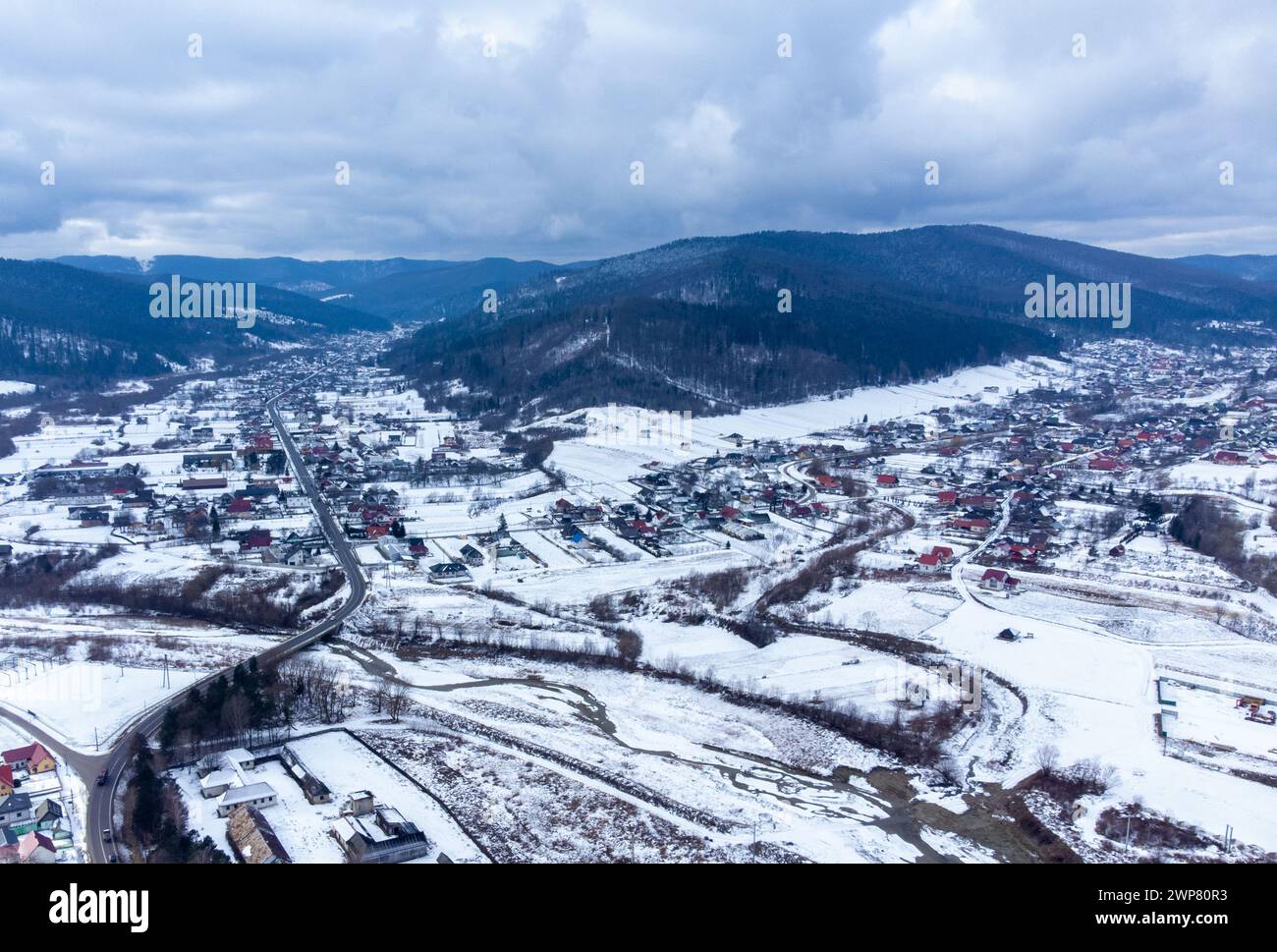 An Aerial view of Marginea village in Suceava county - Romania Stock Photo