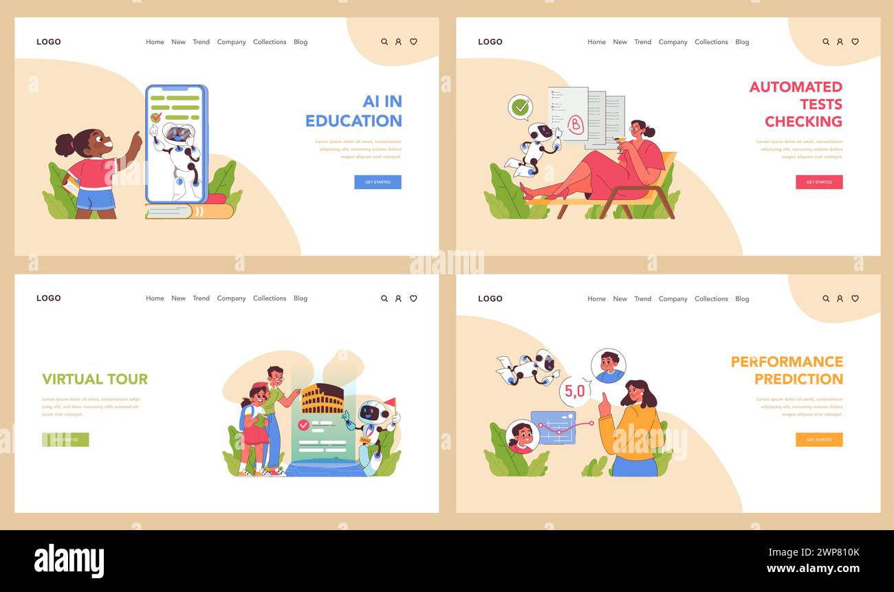AI in Education set. Interactive learning with technology. Plagiarism detection, test automation, gamification for engagement. Innovative virtual experiences. Flat vector illustration Stock Vector