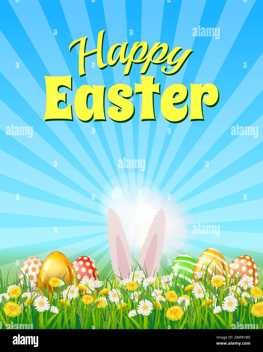 Happy Easter poster, white cute bunny ears, color eggs, eggs hunt Stock Vector