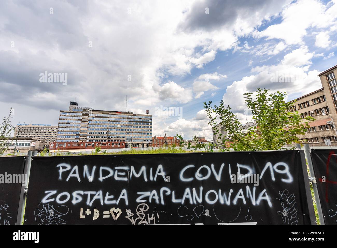 Katowice, Poland - July 11, 2022: photo of graffiti saying 'The pandemic of covid-19 was planned' Stock Photo