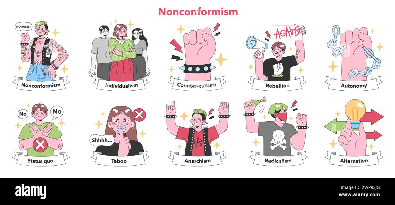 Nonconformism set. Expressions of individualism and rebellion. Break from status quo, exploring autonomy and alternative lifestyles. Flat vector illustration Stock Vector