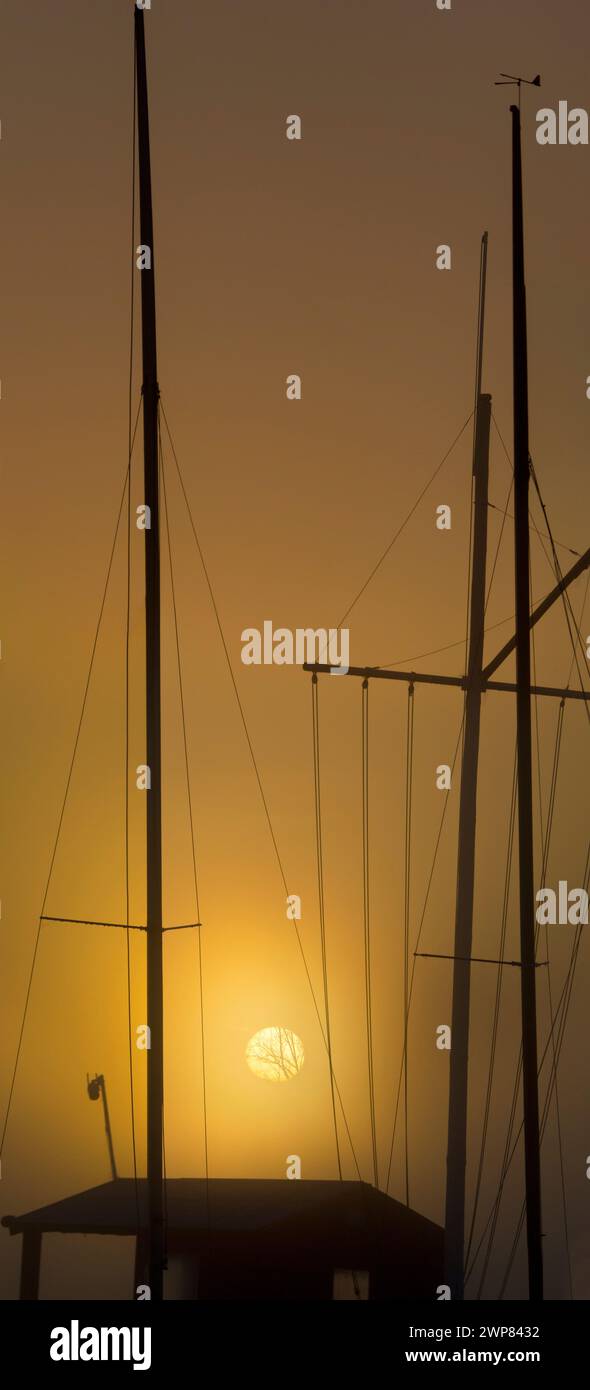 Big, orange sun; an abstract array of yacht masts at sunrise at Abingdon's Abbey Yacht Club by the Thames.  Founded in 1933, he club was formed in 193 Stock Photo