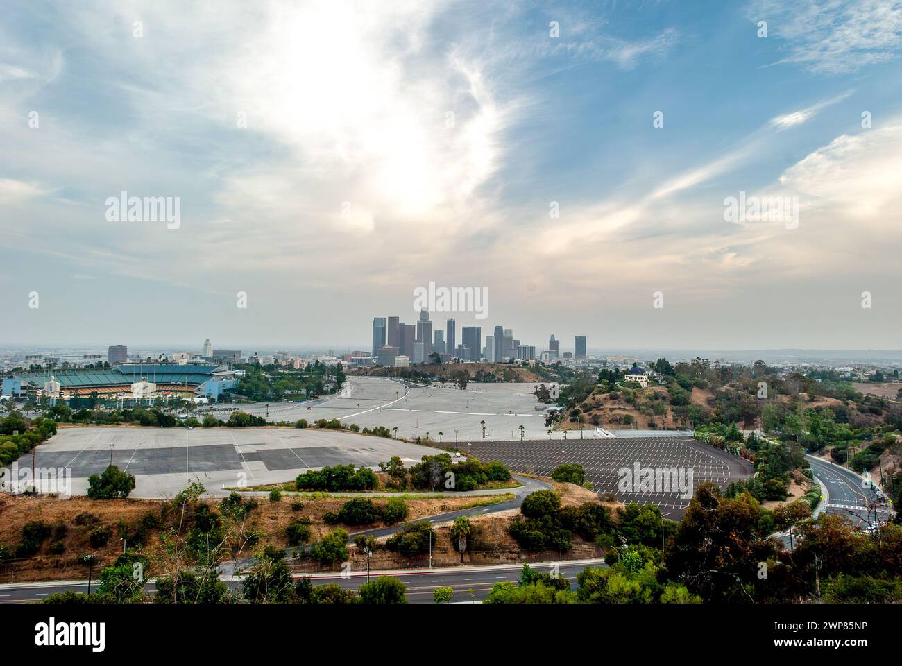 A scenic view of Los Angeles skyline at sunset in California Stock Photo