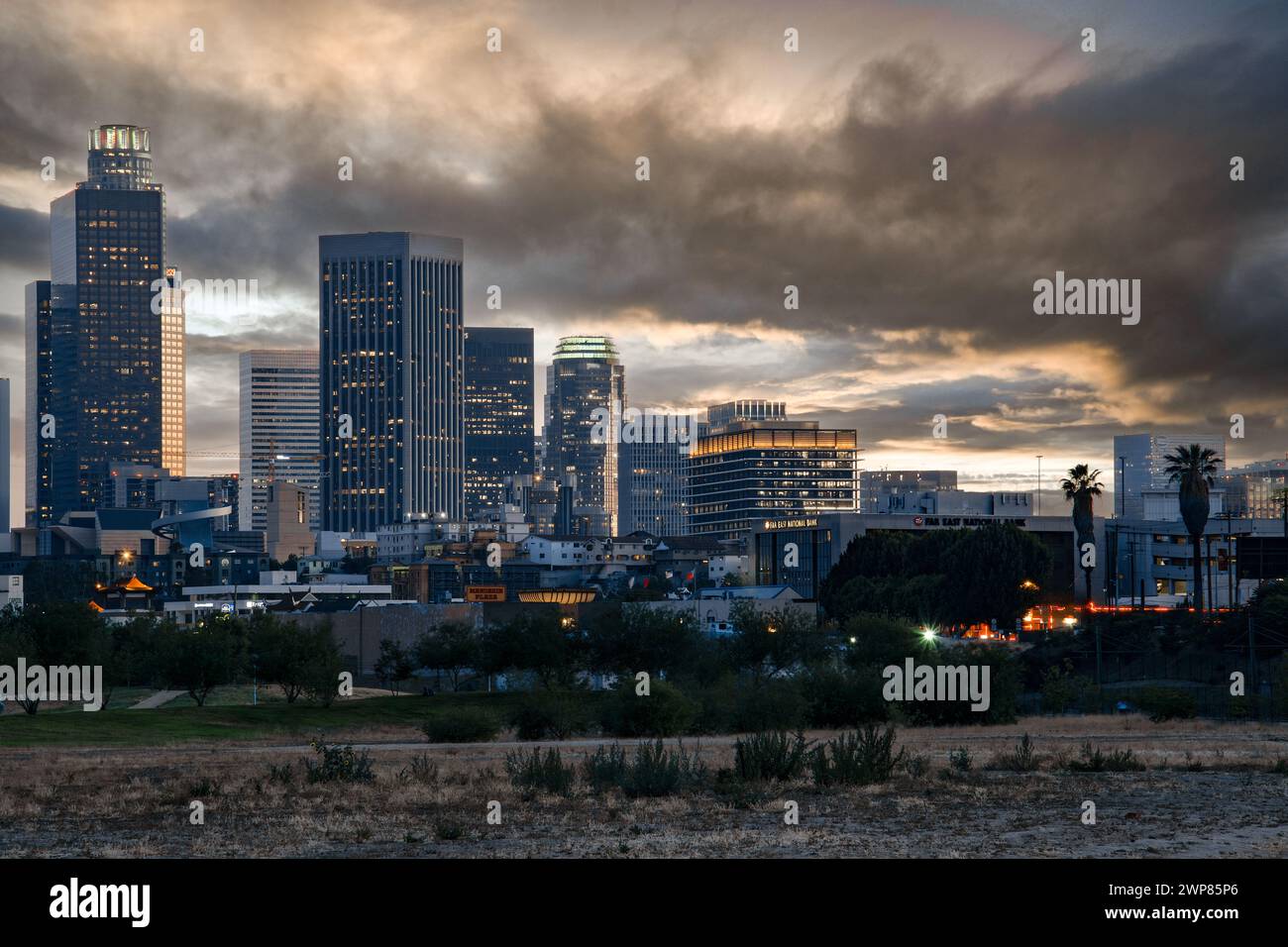 A scenic view of Los Angeles skyline at sunset in California Stock Photo