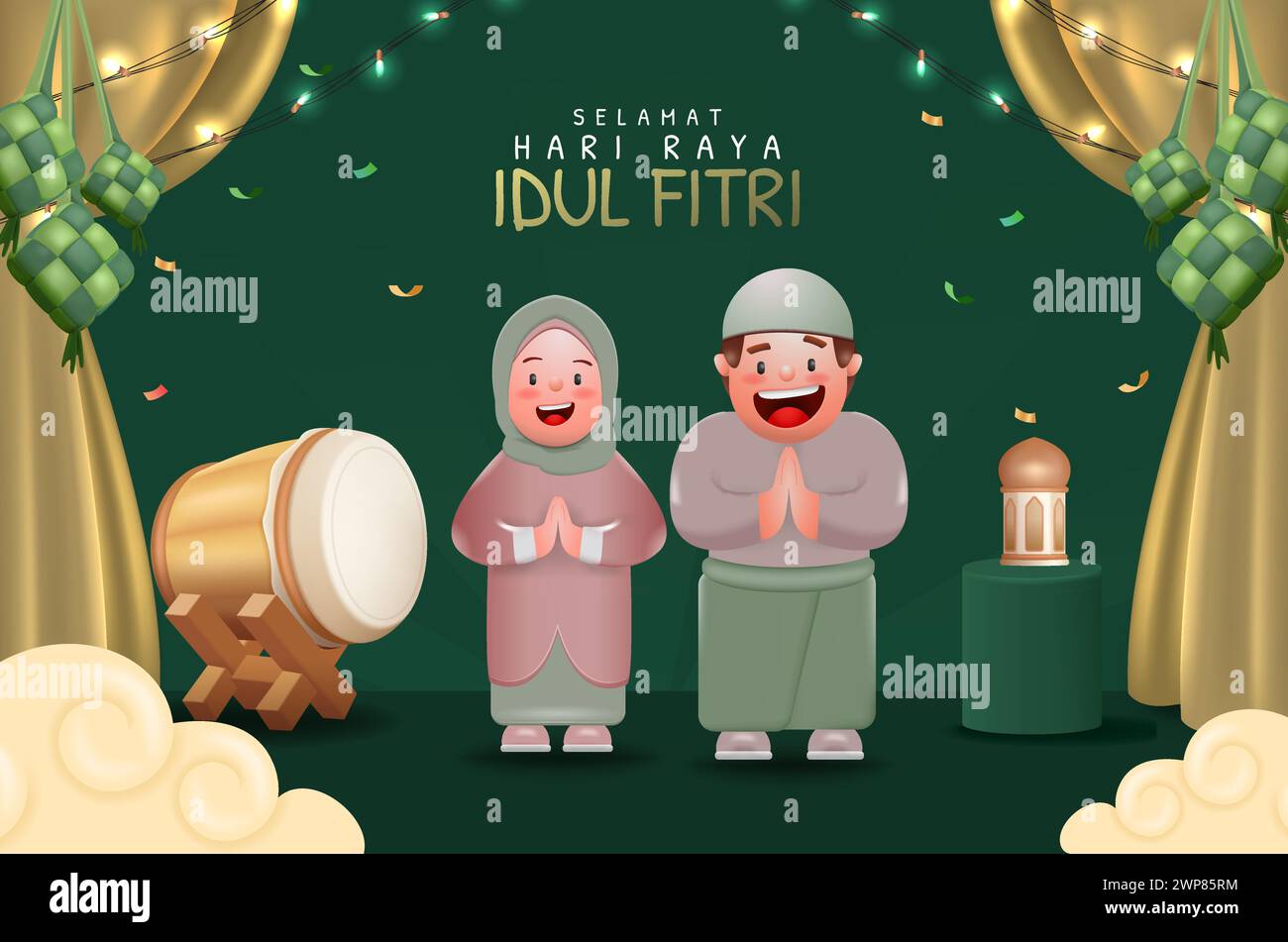 Selamat Hari Raya Idul Fitri Meaning : Happy Eid Mubarak. Eid Mubarak Decoration for Banner or Poster Vector illustration Stock Vector