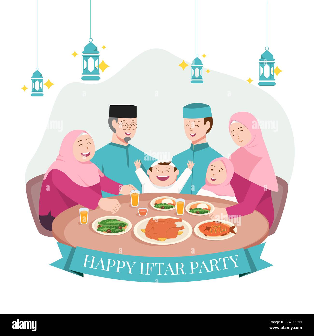 Happy Iftar Moslem Family Vector Illustration, Muslim Family having ...