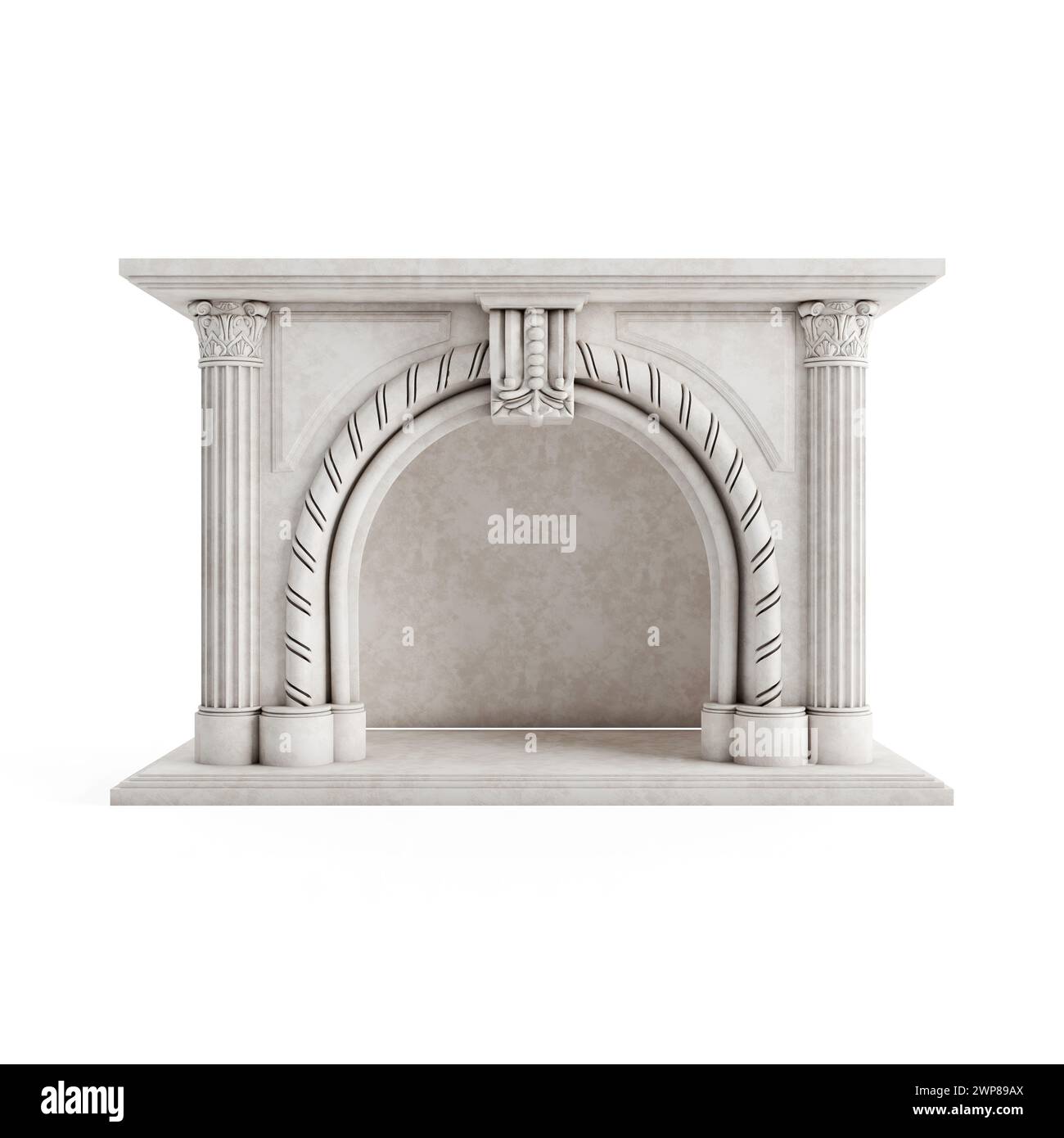 A realistic 3D render of a stone fireplace on a white background Stock Photo