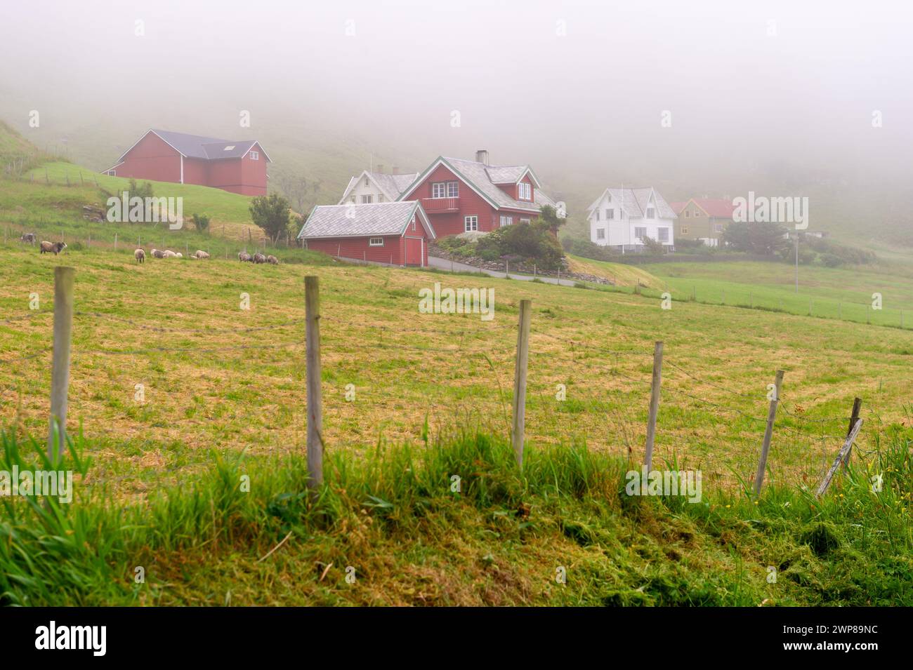 Remote rural Norwegian houses on a misty morning at Runde Island, Norway Stock Photo