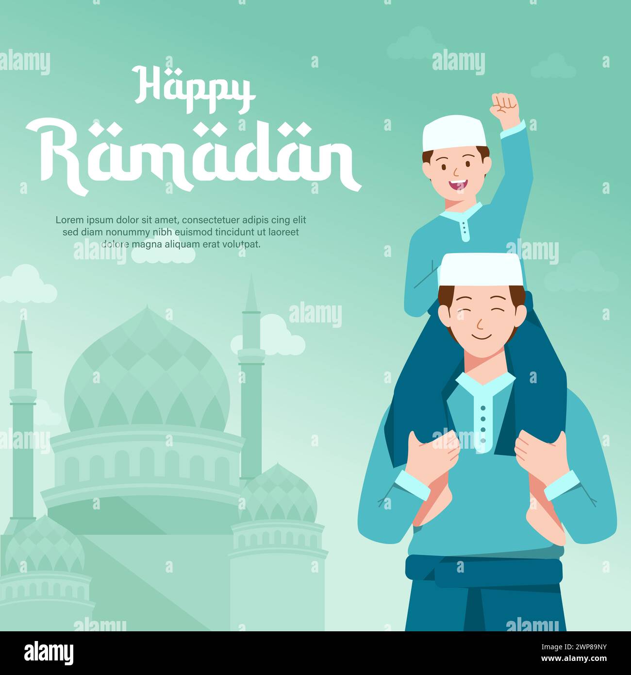 Happy ramadan, family go to mosque for praying illustration Stock Vector