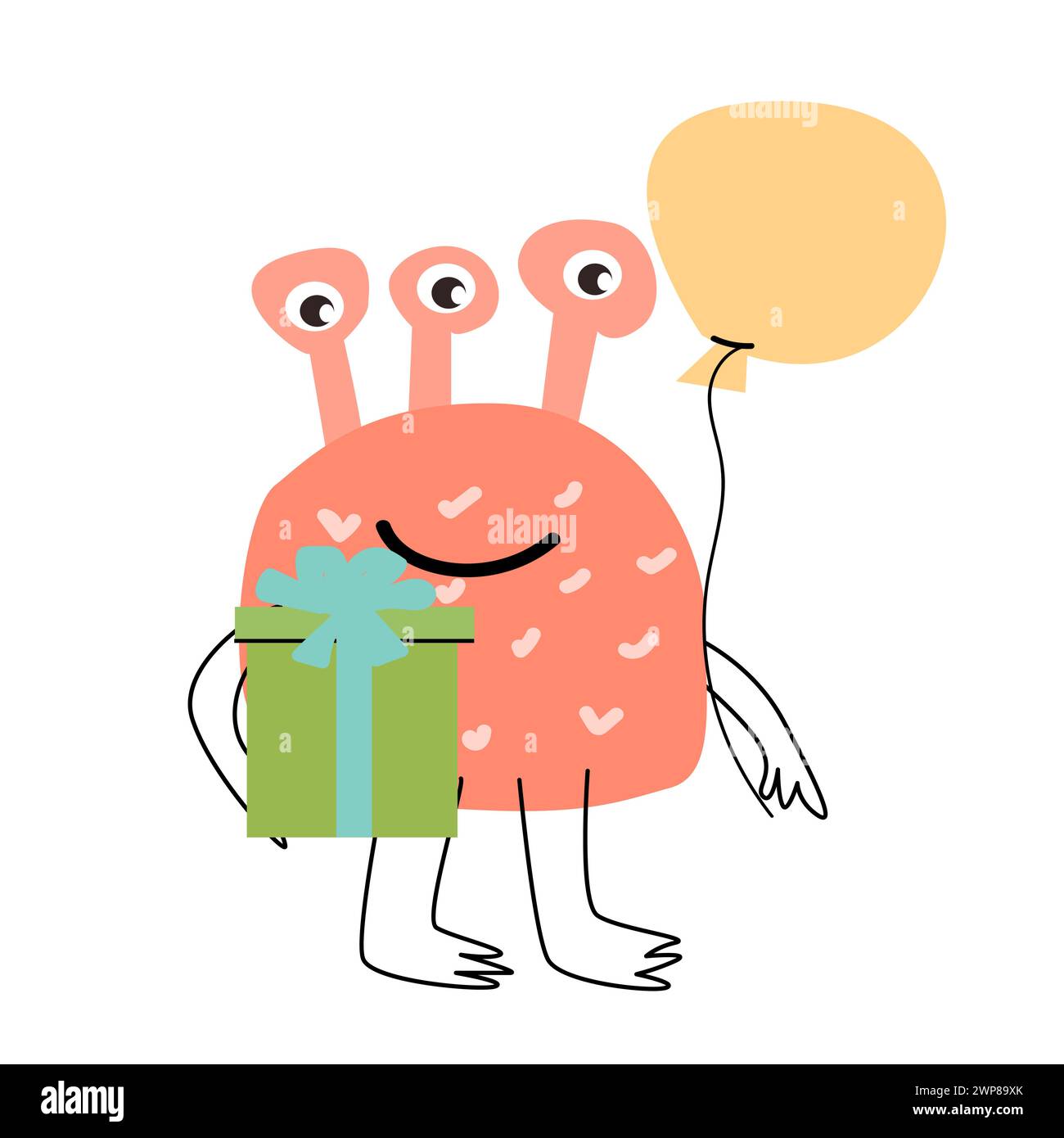 Cute pink baby monster card for birtday background. vector illustration