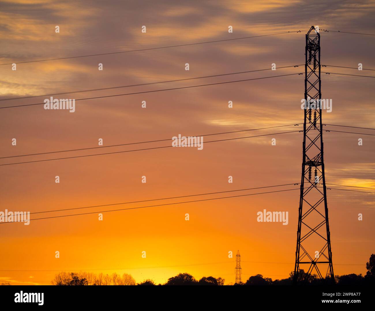 I love electricity pylons; I find their abstract, gaunt shapes endlessly fascinating. Here we see some in  a distant field in Lower Radley, silhouette Stock Photo