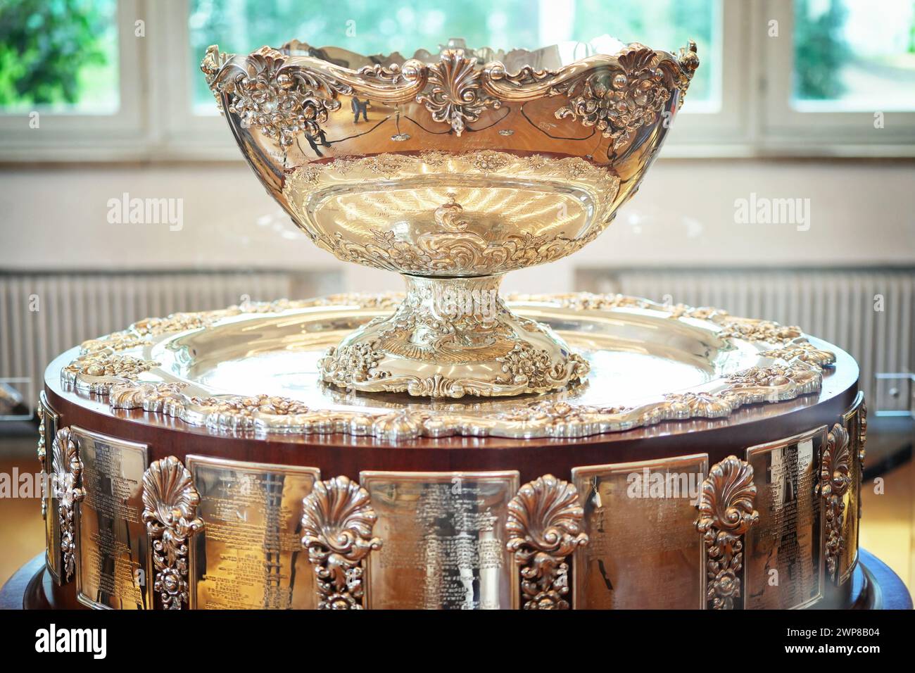 Turin, Italy - March 5, 2024 - Close-up of the Davis Cup of Tennis won by Italy in 2023 shown in Turin Stock Photo
