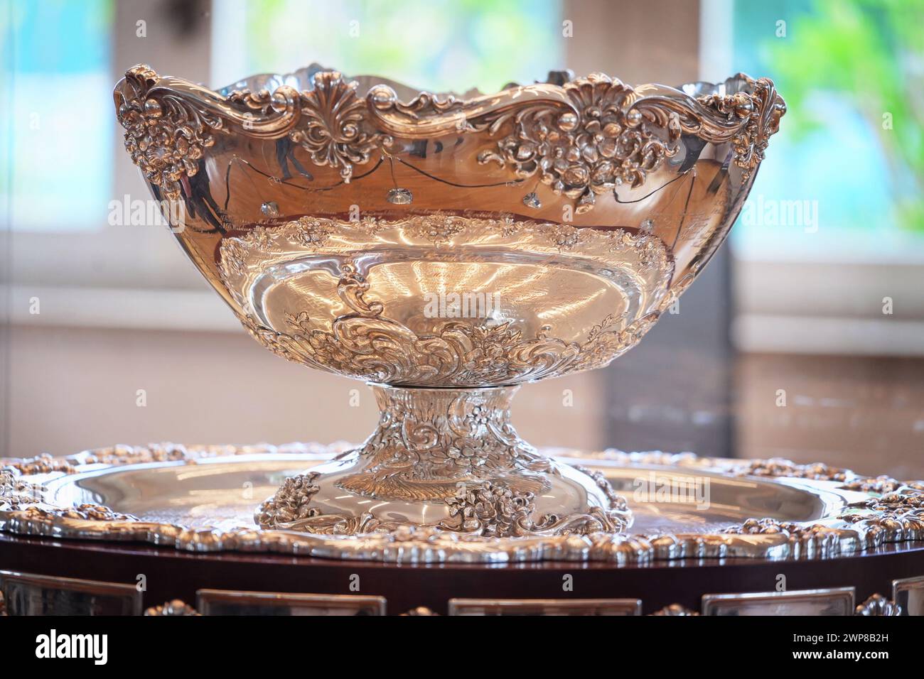 Turin, Italy March 5, 2024 Closeup of the Davis Cup of Tennis won by Italy in 2023 shown in