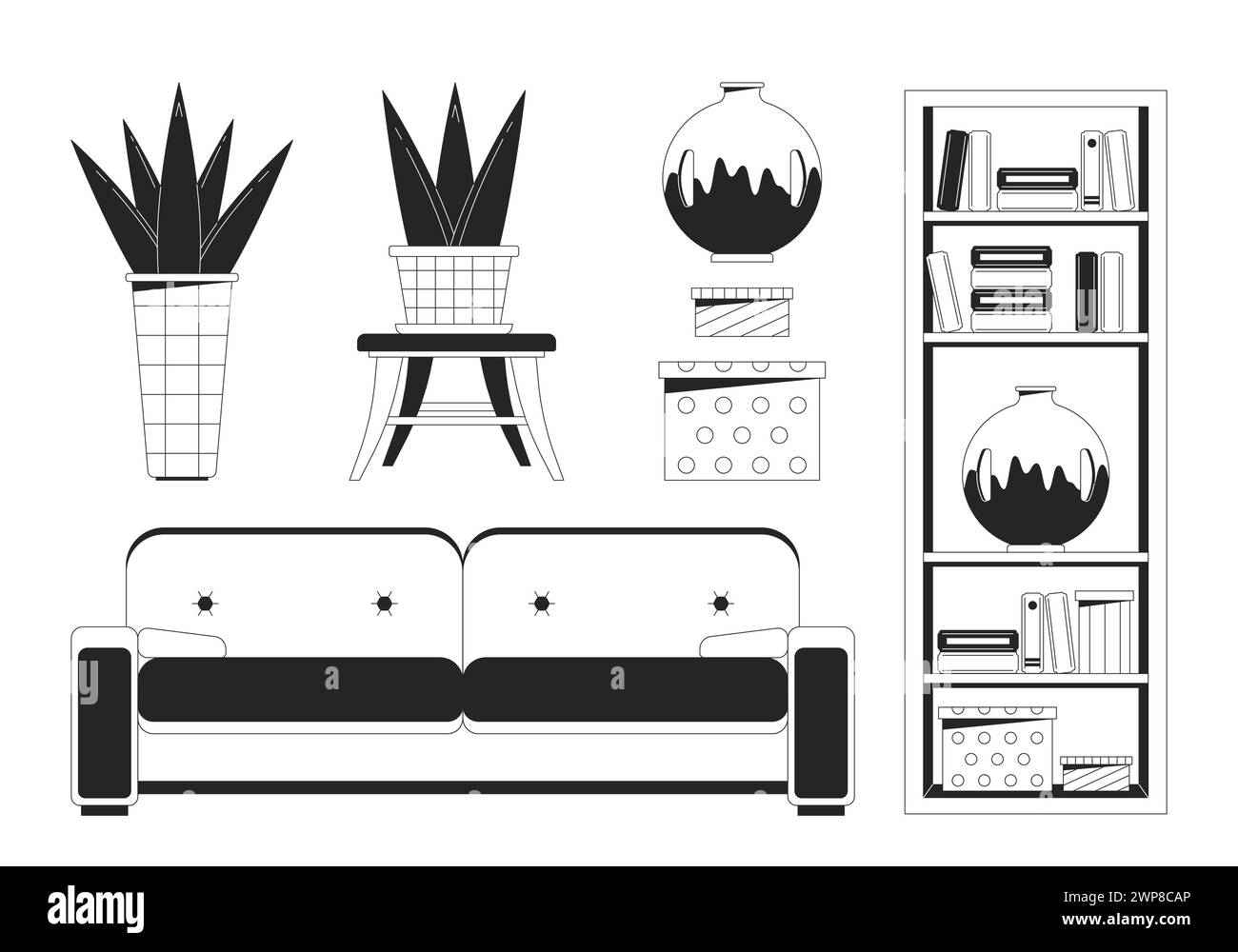 Living room furnishing black and white 2D line cartoon objects set