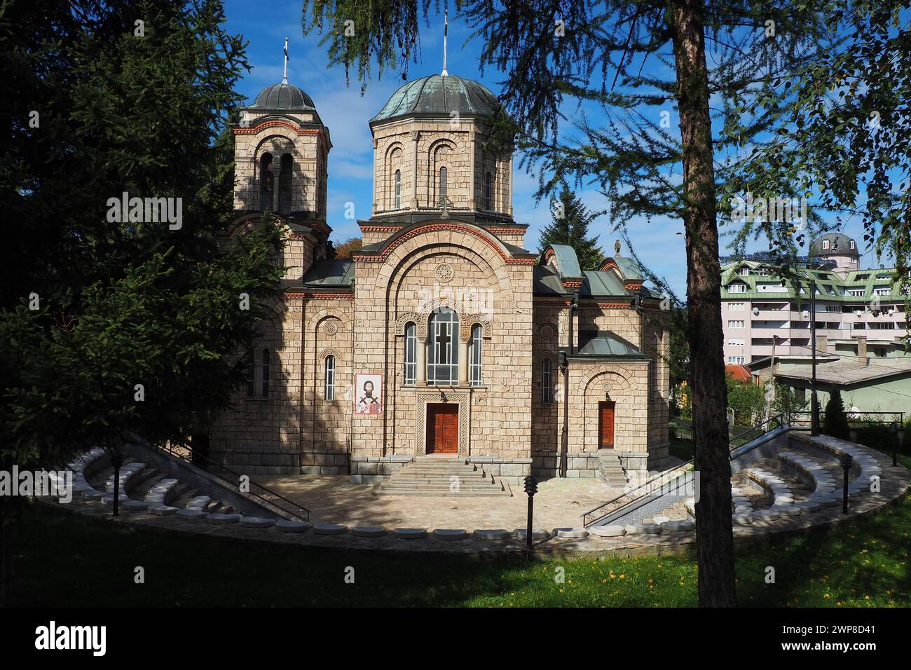 Banja Koviljaca, Serbia, Guchevo, Loznica, September 30, 2022 Rehabilitation center with sulfur and iron mineral waters. Church of the Holy Apostles P Stock Photo