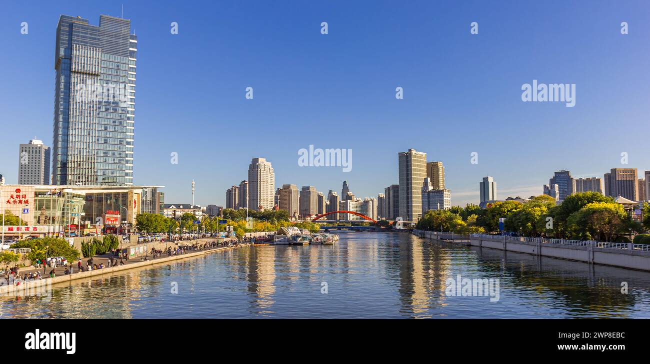 Panoramic view over the Hai River and skyscrapers in Tianjin, China Stock Photo