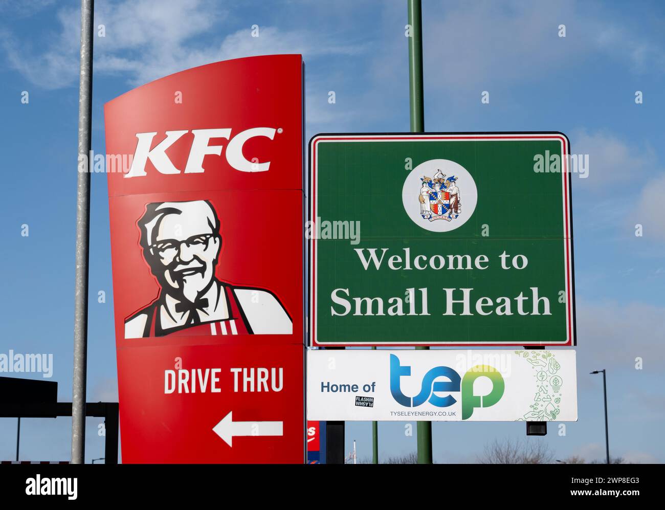 Welcome to SAmall Heath and KFC Drive Thru signs, Birmingham, West Midlands, UK Stock Photo