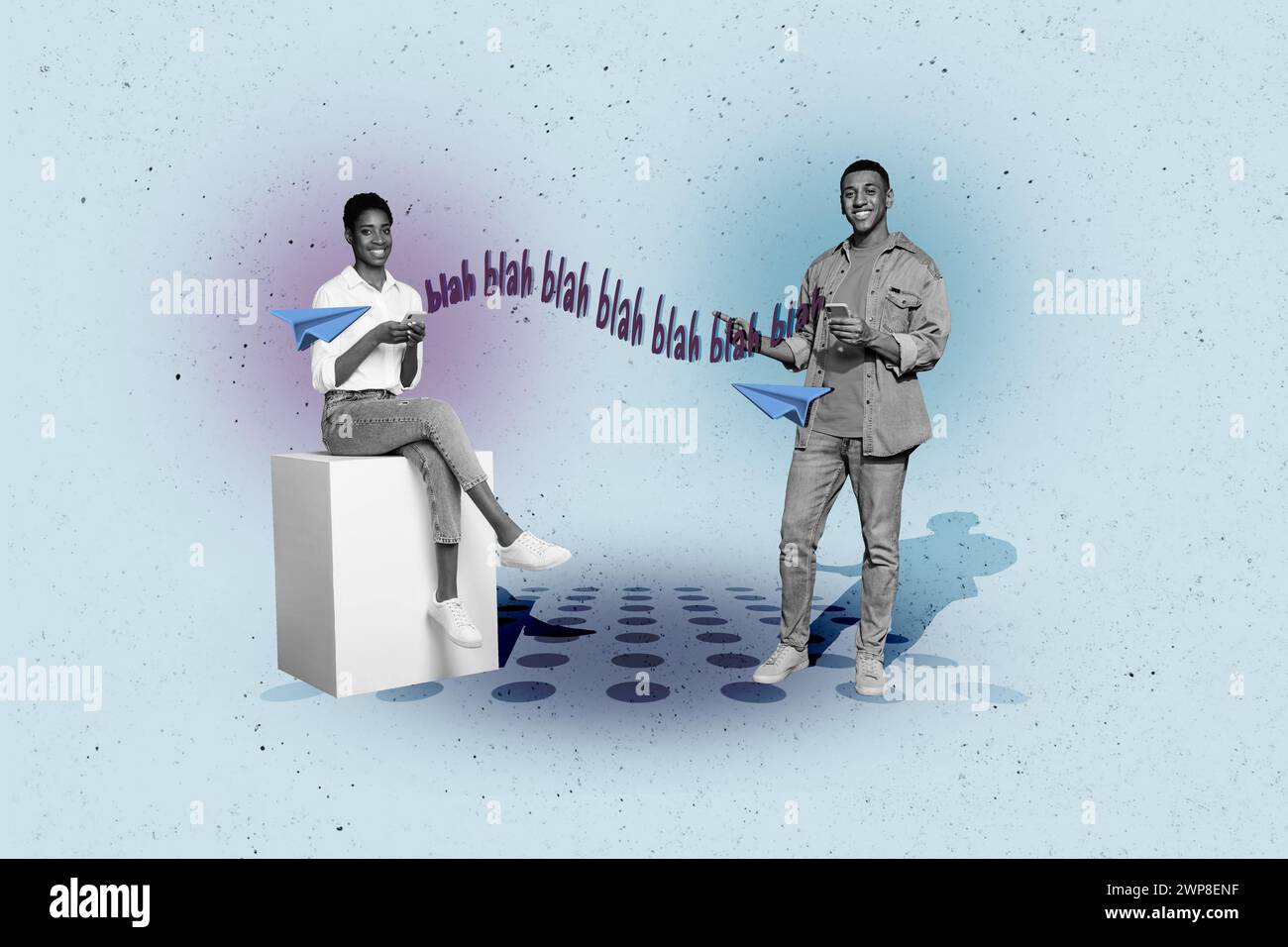 Artwork collage image of two black white effect people sit podium point ...