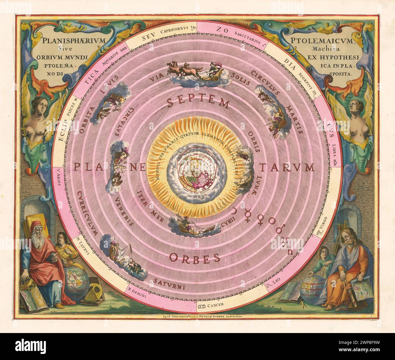 1660 celestial map illustrating Claudius Ptolemy's model of the Universe, by Andreas Cellarius,  from the 1708 Valk & Schenk edition of Andreas Cellarius's Harmonia Macrocosmica seu Atlas Universalis et Novus. Stock Photo