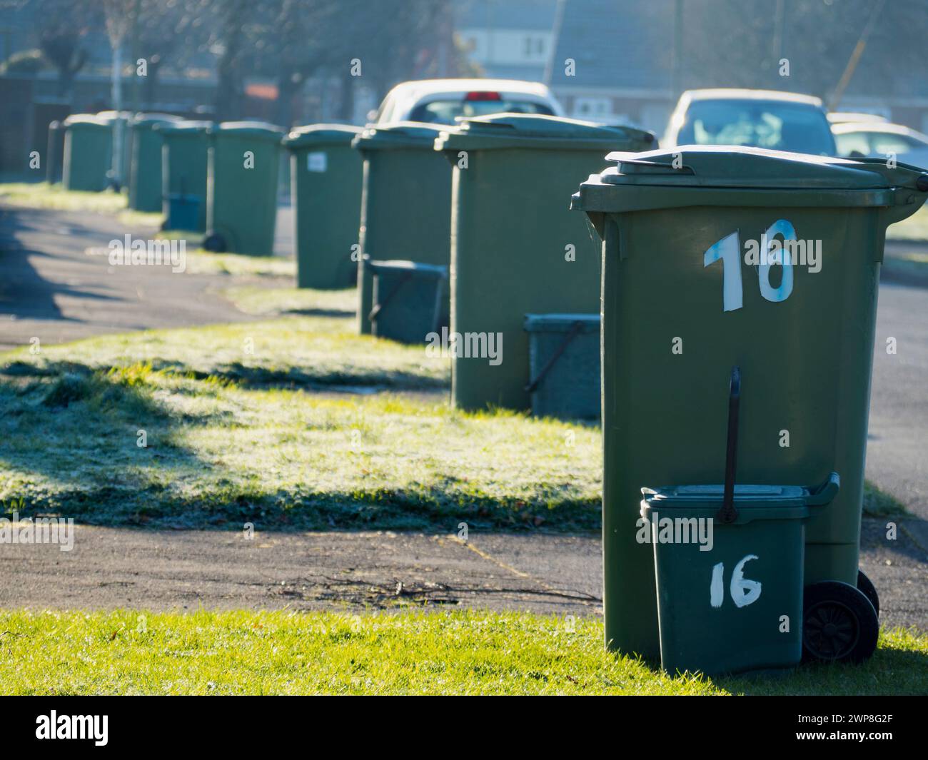 My home village of Radley in Oxfordshire has a sacred ritual, which must be performed without fail. The ritual of the garbage bins centres on Thursday Stock Photo