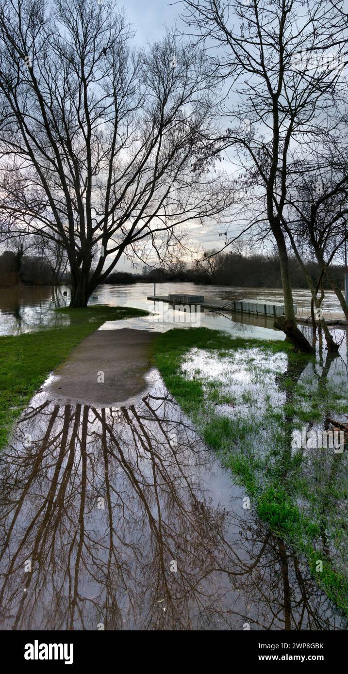 An early view of the Thames at Sandford, early on a winter's day.  But the scene today is different. After weeks of incessant rain, the Thames has ris Stock Photo
