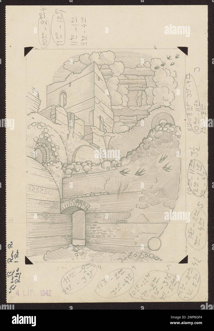 Ruins from shindles, sketches for graphics from the TRAKI series; Romanowicz, Walenty; 1941-1944 (1941-00-00-1944-00-00); Stock Photo