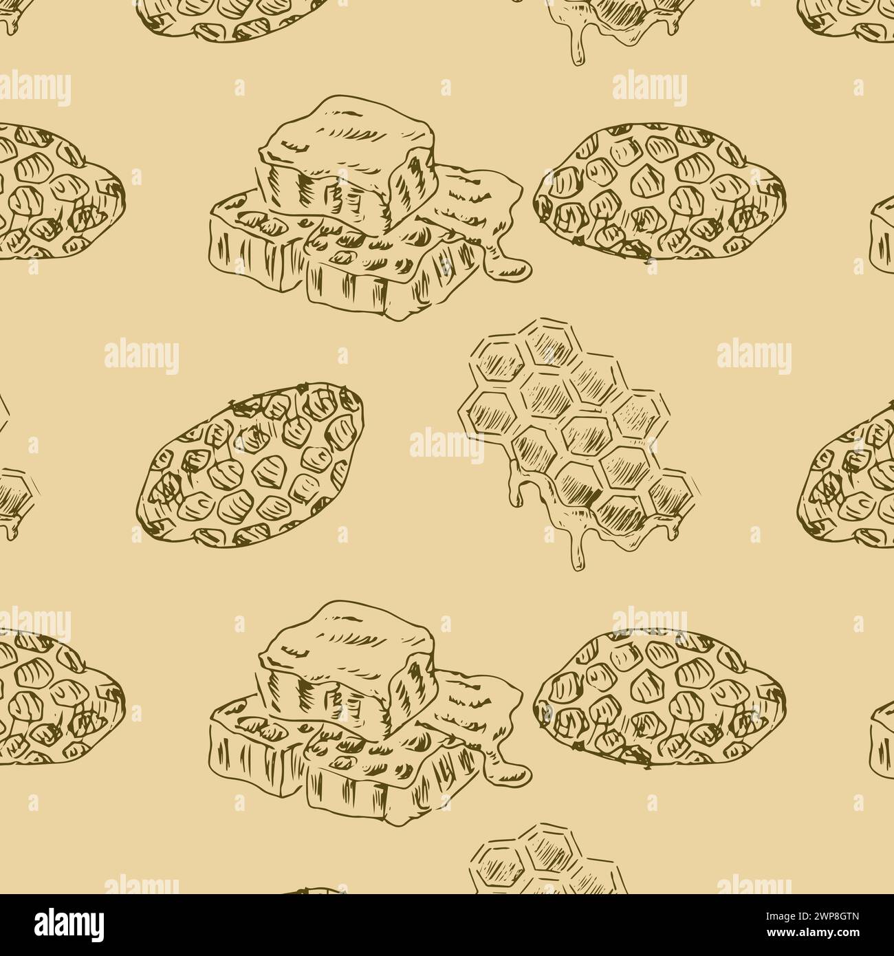 Hand drawn sketch of honeycomb elements patttern. Vector illustration can used for wrapping paper, textile, food label, print for organic honey produc Stock Vector