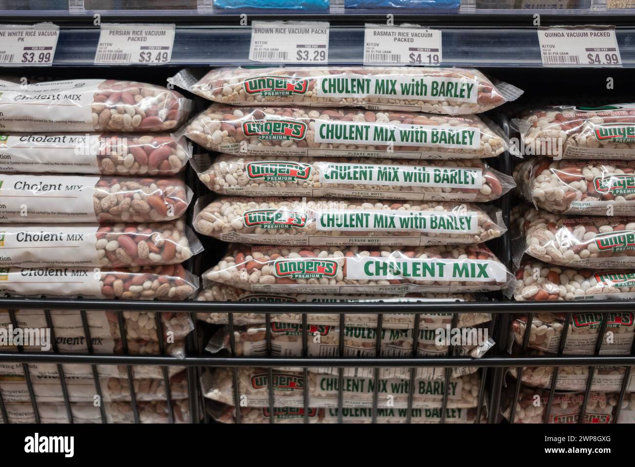 A bag of Chulent mix, a slow simmering Sabbath stew, for sale at Foodoo, a new & fancy kosher supermarket in Williamsburg, Brooklyn, New York. Stock Photo