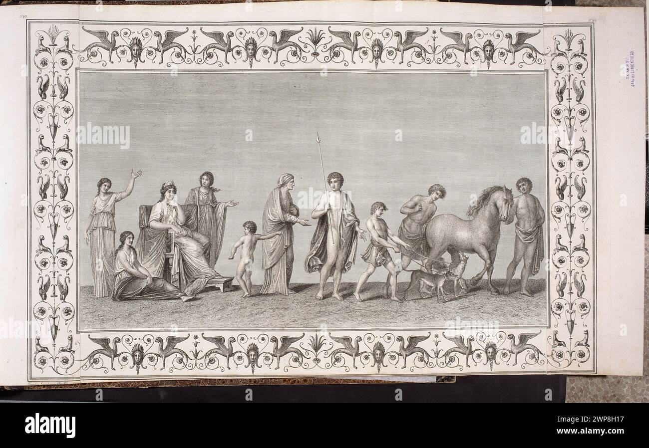 Vestigia delle Terme di Tito. Hipolit going to hunt. Quadro from the decoration of the room of the room 21; Carlone, Marco (1742-1796), Smuglewicz, Franciszek (1745-1807), Manna, Pietro (17 ..- 18 ..); after 1776 (2nd edition of black and white) (1776-00-00-1801-00-00);Fedra, Hipolit, Rome, Sas-Zubrzycki Jan, collection, Vestigia delle Terme di Tito, 1776, illustration, archeology, antiquity, purchase (provenance) Stock Photo