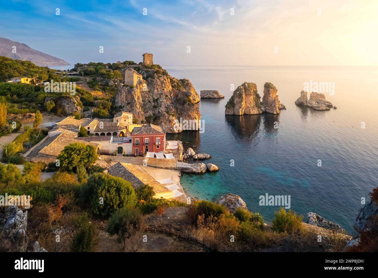 Aerial view of the famous old tonnara and stacks of Scopello. Castellammare del Golfo, Trapani district, Sicily, Italy Stock Photo