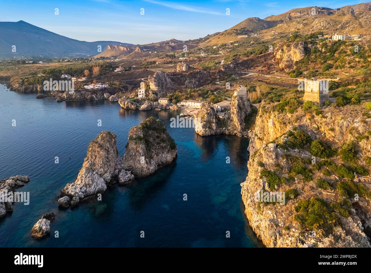 Aerial view of the famous old tonnara and stacks of Scopello. Castellammare del Golfo, Trapani district, Sicily, Italy Stock Photo