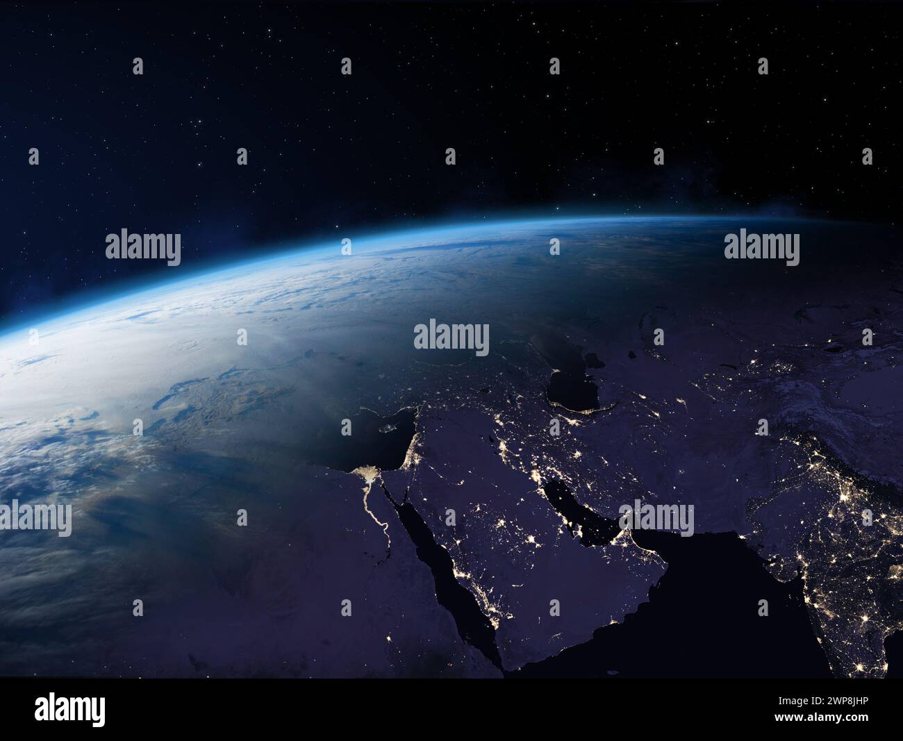 Earth - Near East, Africa and Asia. Arabian Peninsula, Egypt, Iraq, Iran, Israel, Palestine, Gaza, Syria, Pakistan, India. Elements furnished by NASA. Stock Photo